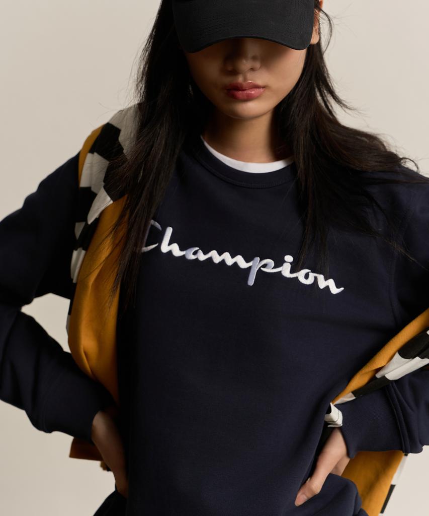 Champion Свитшот с большим логотипом-надписью, круглый вырез, обычный, темно-синий