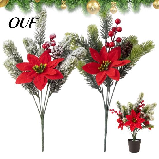 Lifelike Plastic Flowers for Tabletop Artificial Cedar Poinsettia Flowers, Realistic Floral Arrangement, Fake Flower And Pine Branch Indoor