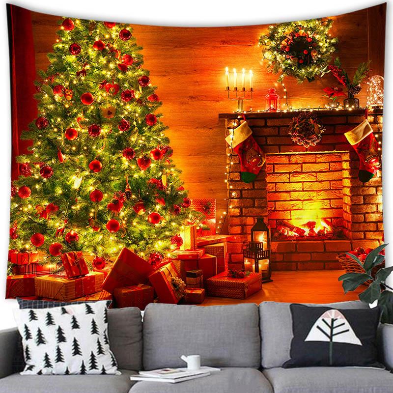 Merry Christmas Christmas Tree Fireplace Printed Pattern Tapestry Home Living Room Bedroom Background Wall Decoration Tapestry