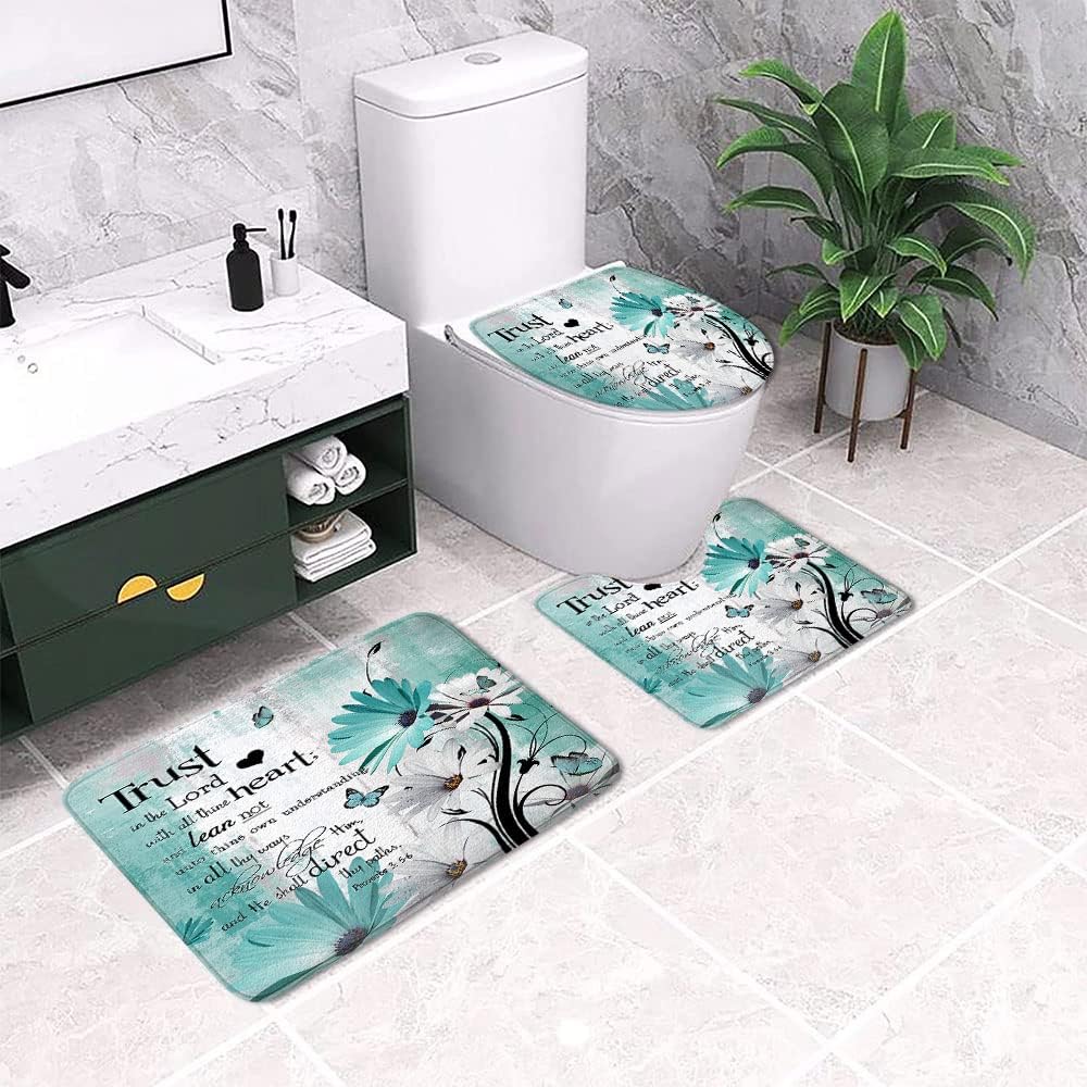 Rustic Farmhouse Farm Teal Daisy Bible Verse Inspirational Motivational Quote Bath, Country Turquoise Blue Non Slip Flannel Bathroom Rug, Dry Fast