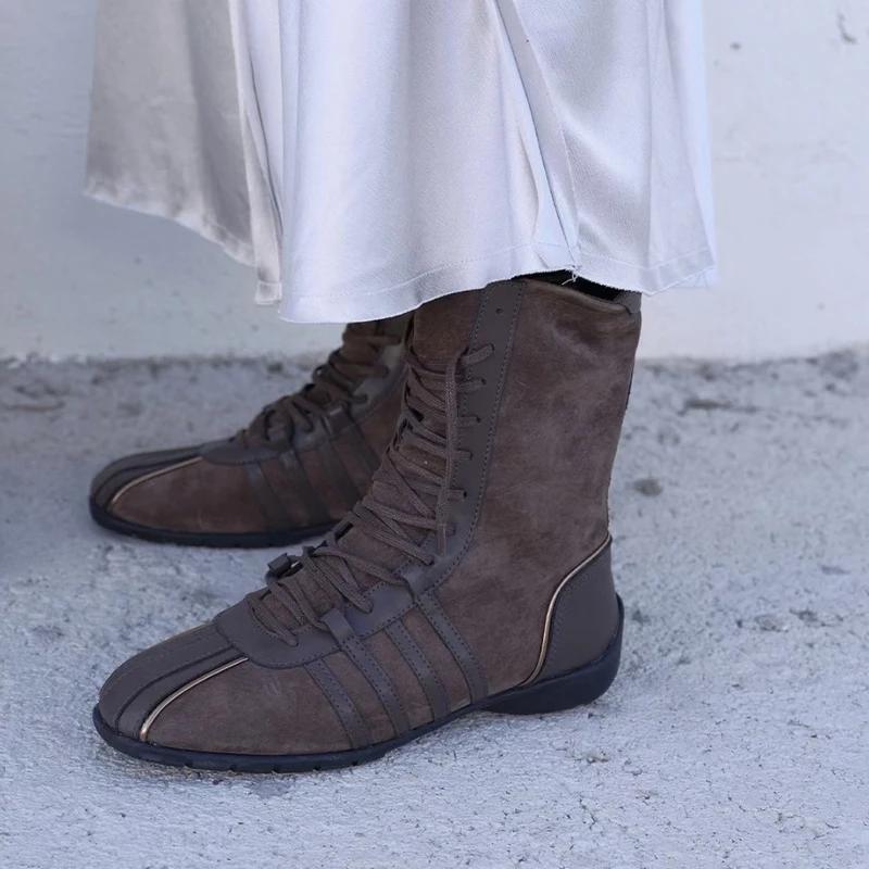 Женские балетные туфли ботинки Thi Bot 2025 Новые из натуральной кожи на шнуровке Ретро ботинки корейские весенние