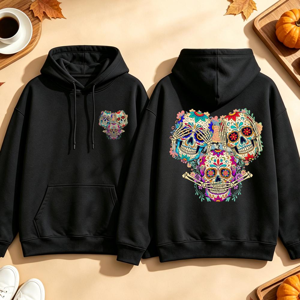 Unisex Sugar Skull Hoodie Día De Muertos Graphic Print Pullover Casual Long Sleeve Hooded Sweatshirt Streetwear Men Women