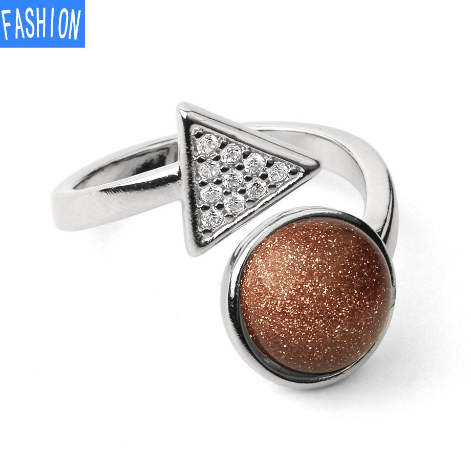 Natural Stone Round Crystal Triangle Adjustable Ring Gift for Women