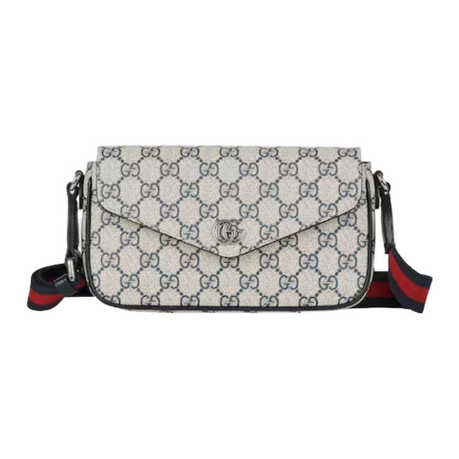 Gucci Ophidia Сумка-кроссбоди мини с логотипом Double G, застежкой на кнопку, канва и кожаная отделка, женские сумки, бежево-синий 764961-FACU3-4047