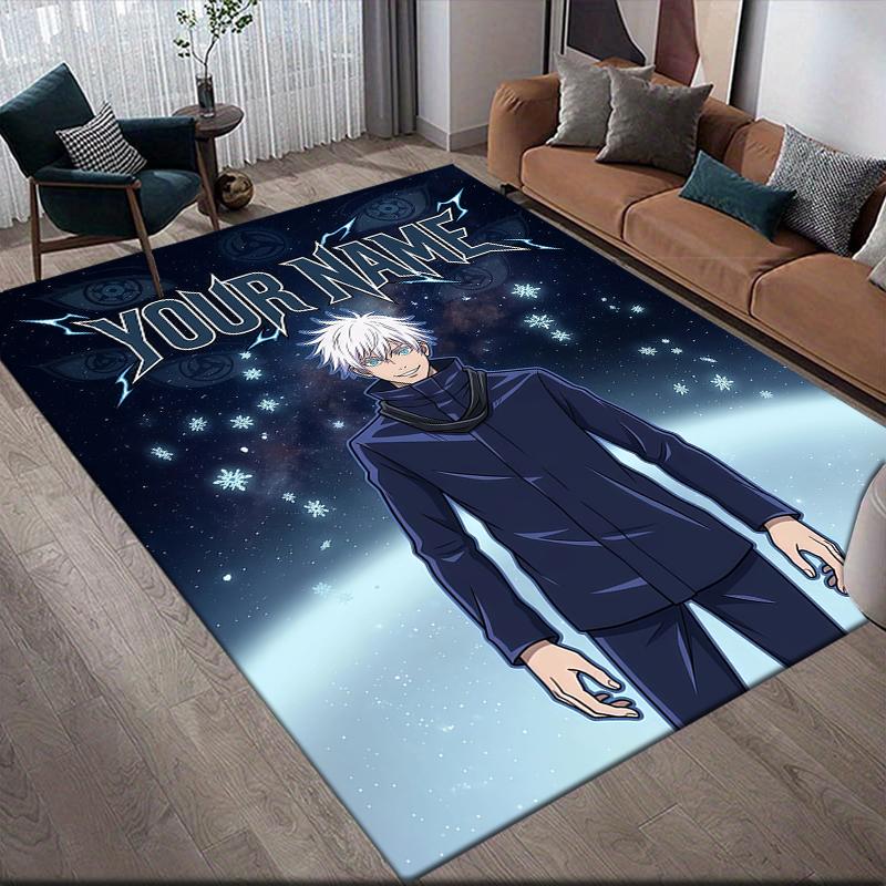 Custom Name,Satoru Gojo Home Sofa Decoration for Living Room & Bedroom, Non‑Slip Play Flannel Floor Mat for Game Room