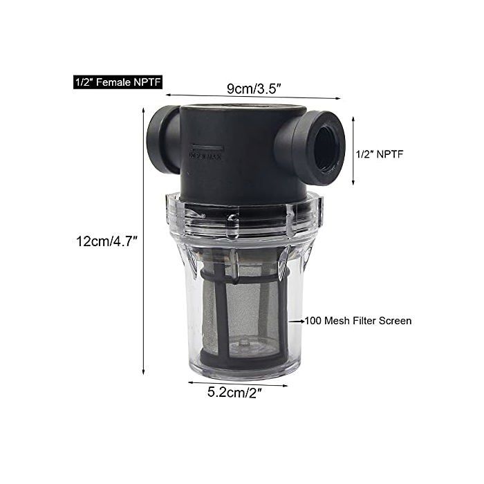 Filtre en ligne 1/2" pour pompe à eau - maille inox 100 mesh, entrées/sorties 20 mm