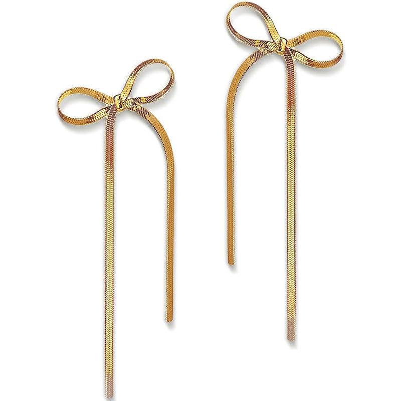 Statement Ribbon Fringe Waterfall Dangling Earrings Stainless Steel Long Chain Bow Dangle Drop Tassel Earrings for Women