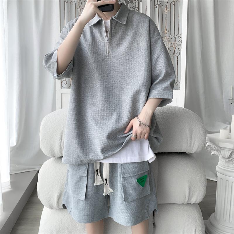 Плюс размер модные вафельные свободные повседневные мужские комплекты простые рубашки поло с отложным воротником и шорты с короткими рукавами уличная одежда