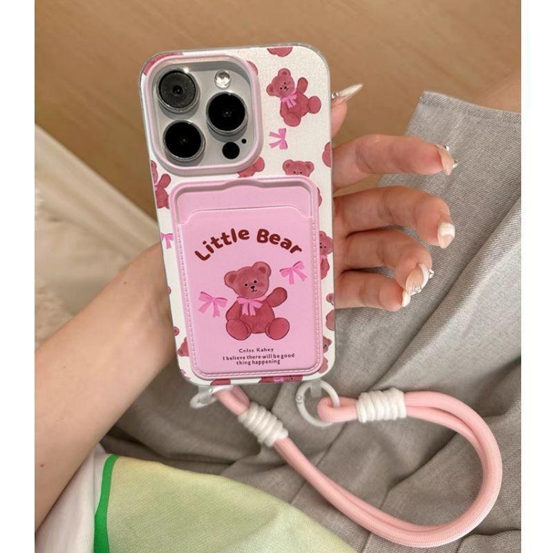 Пакет карт Bow Bear Pink, подходит для защитного чехла Apple 16 ProMax, чехол для мобильного телефона iPhone 15, противоударный