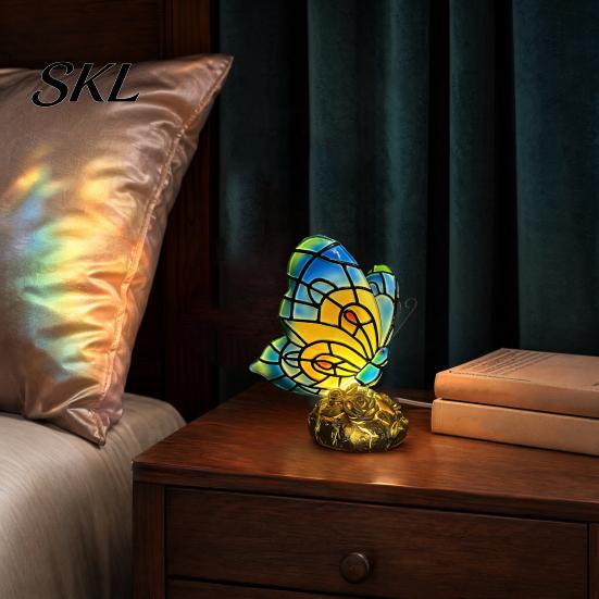 Study Desk Atmosphere Light Cute Bedside Table Lamp, Butterfly Rose Nightstand Lamps, Stained Glass Aged Bronze Carving Lamp Wing Shade, Bedroom Decor