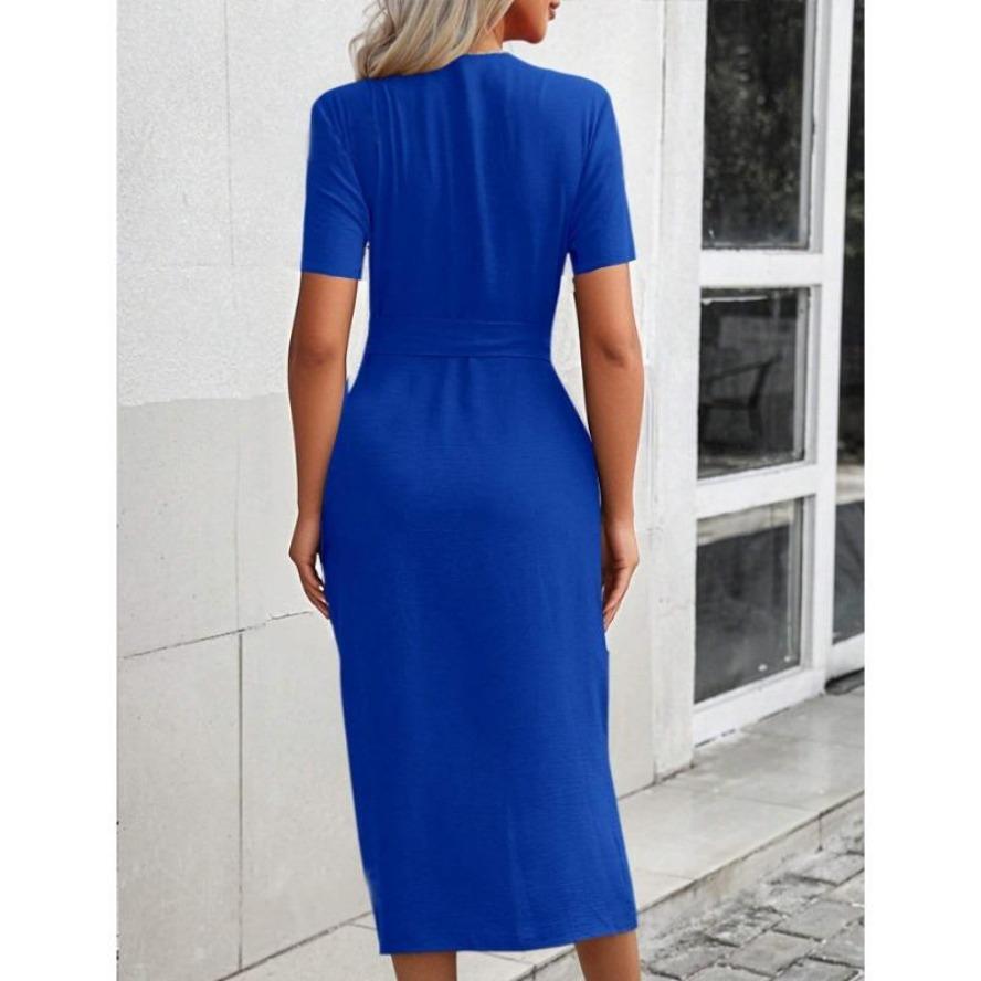 YYFS Женские модные летние весенние однотонные повседневные платья с v-образным вырезом и короткими рукавами и высокой талией