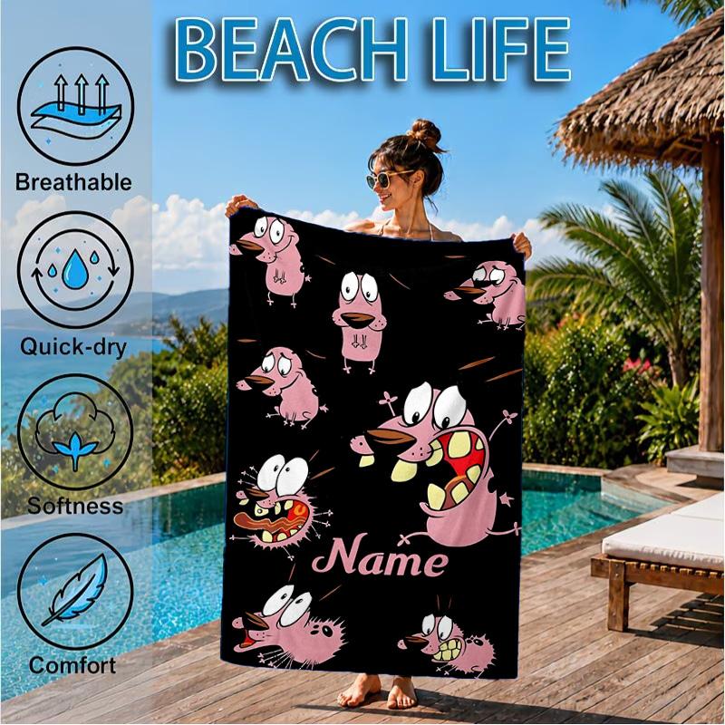 Custom Name Cowardly Dog Adventure Beach Towel Microfiber Beach Towel, Lightweight and Quick-Dry, for Summer Travel, Swimming Pool Gift