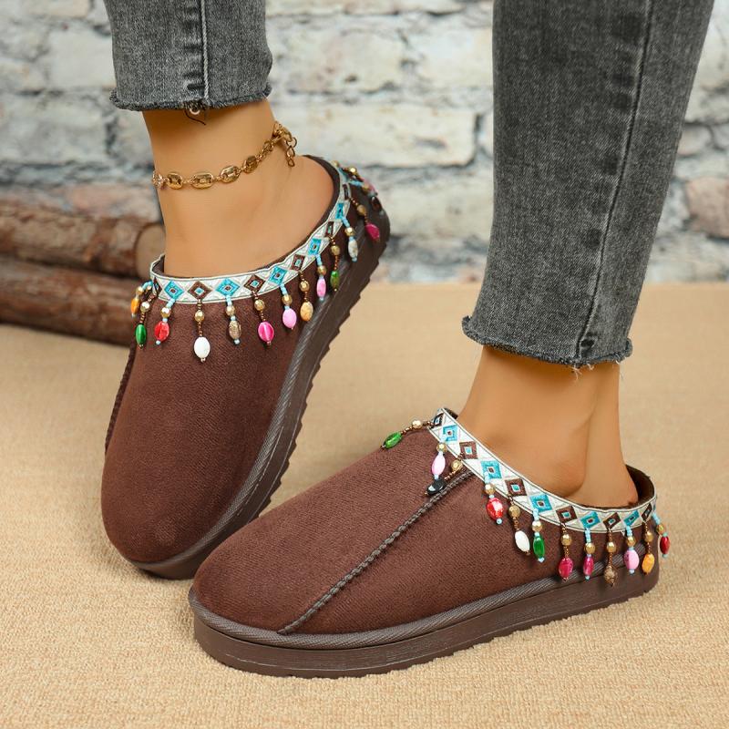 Богемный декор с бахромой Хлопковые тапочки Женские 2025 Зима Комфорт Толстая подошва Не скользкие Тапочки Теплые Короткий плюш Уличные шлепанцы