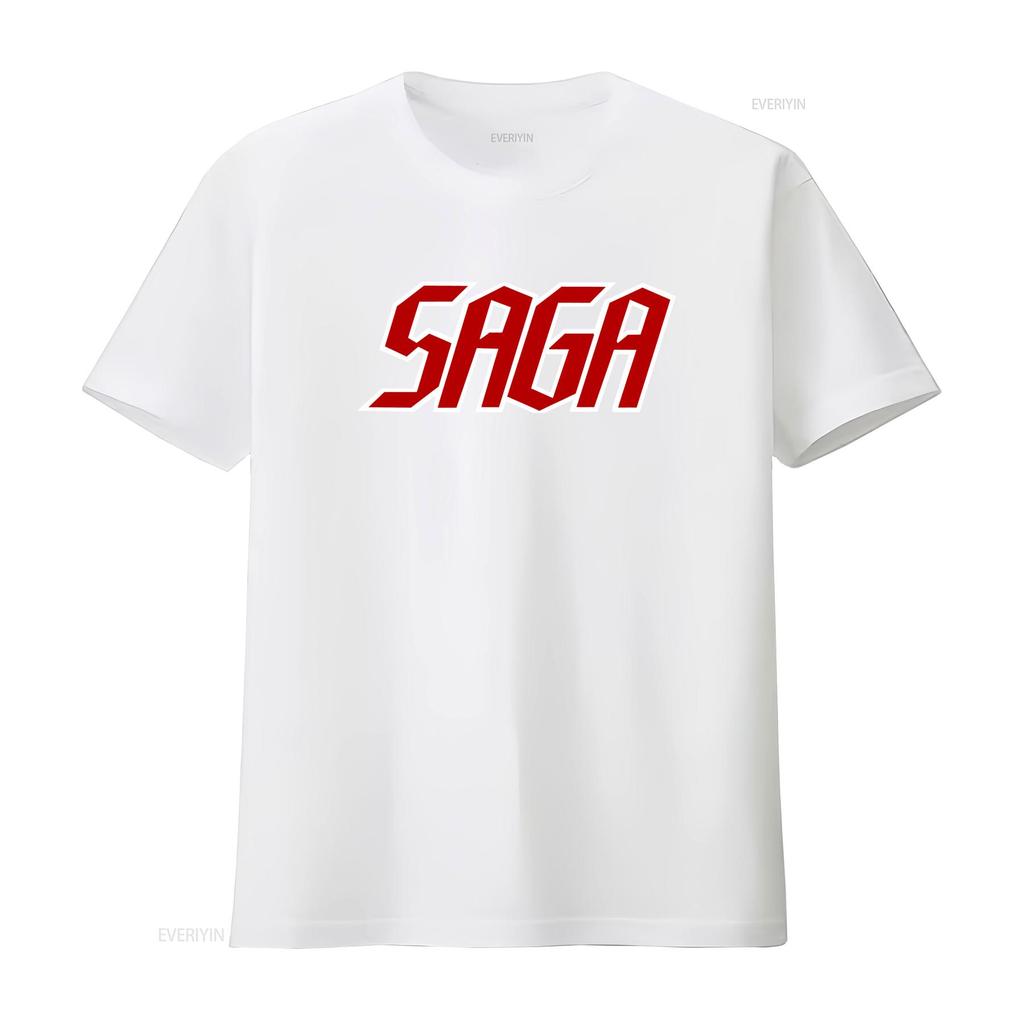 Saga Band Logo Black T Shirt All Sizes Available Bold Red White Design for Music Fans Comfortable Cotton Fabric Perfect