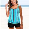 Women's Thin Shoulder Strap Swimsuit with Blue Stripe Printed Bikini Short Tank Top Swimsuit