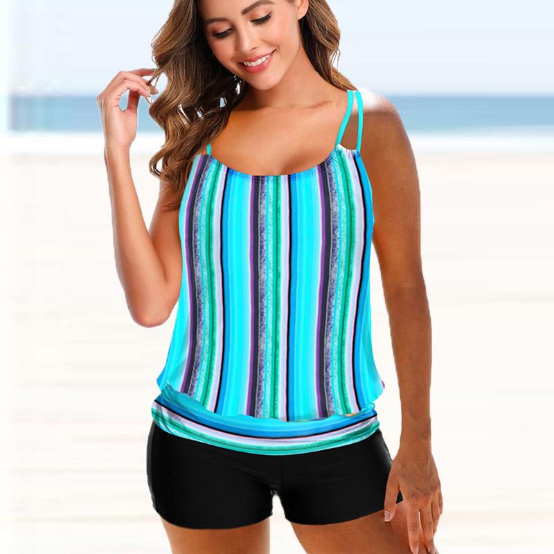 Women's Thin Shoulder Strap Swimsuit with Blue Stripe Printed Bikini Short Tank Top Swimsuit