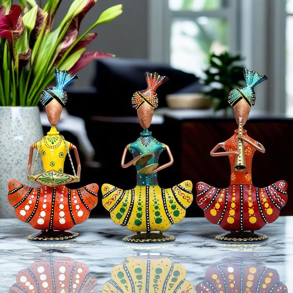 Яркий набор фигурок раджастханского музыканта | Изготовленный вручную образец индийского народного искусства | Традиционный домашний декор для гостиной, офиса, подарка (Набор1)