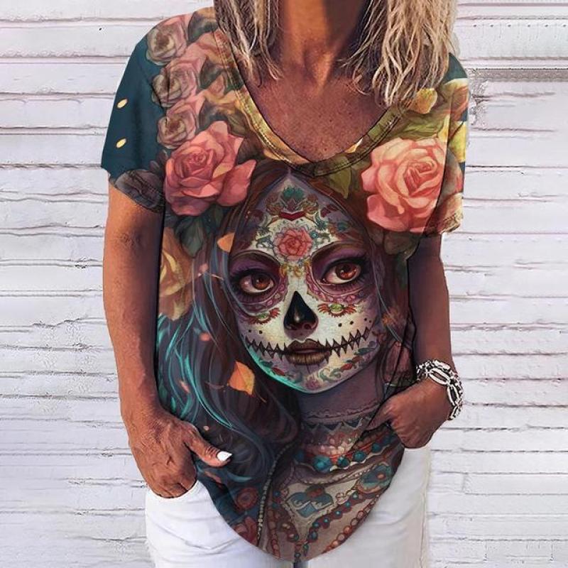 Лето 2023, новинка, женский топ с 3D принтом черепа ужасов и v-образным вырезом, футболка с короткими рукавами, повседневная забавная одежда Harajuku Y2K Day Of The Dead