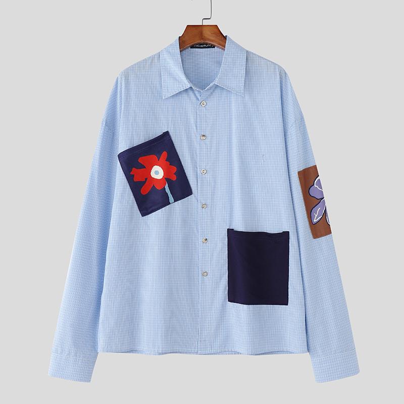 INCERUN Мужские рубашки оверсайз с лацканами, длинным рукавом, цветочным принтом и клеткой, повседневные топы