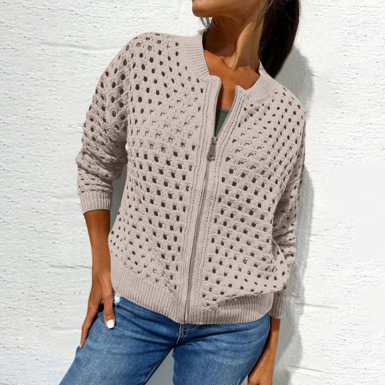 Women Casual Jacket Long Sleeve Solid Color Hollow Out Zipper Fashion Outerwear