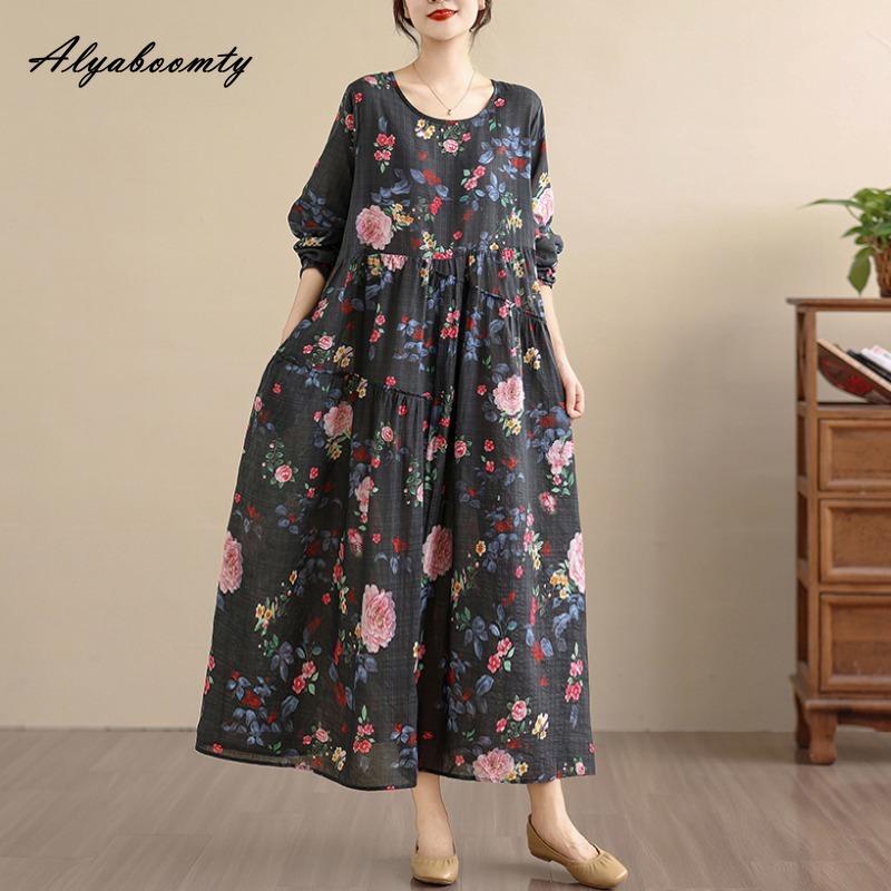 Plus Size Spring Autumn Women Baggy Dress O Neck Floral Print Vintage Oversized Dress Long Sleeve Retro Midi Cotton Dress