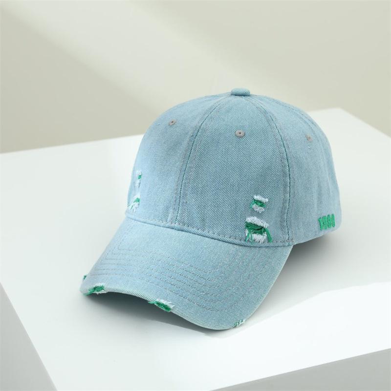 Washed denim side embroidery baseball hat men and women ripped couple soft top sunshade sun protection cap