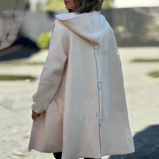 Осенне-зимняя женская шерстяная куртка с капюшоном, средней длины, с украшением в виде кольца на спине, однобортная, с длинными рукавами, однотонная, для ежедневных поездок на работу, пальто