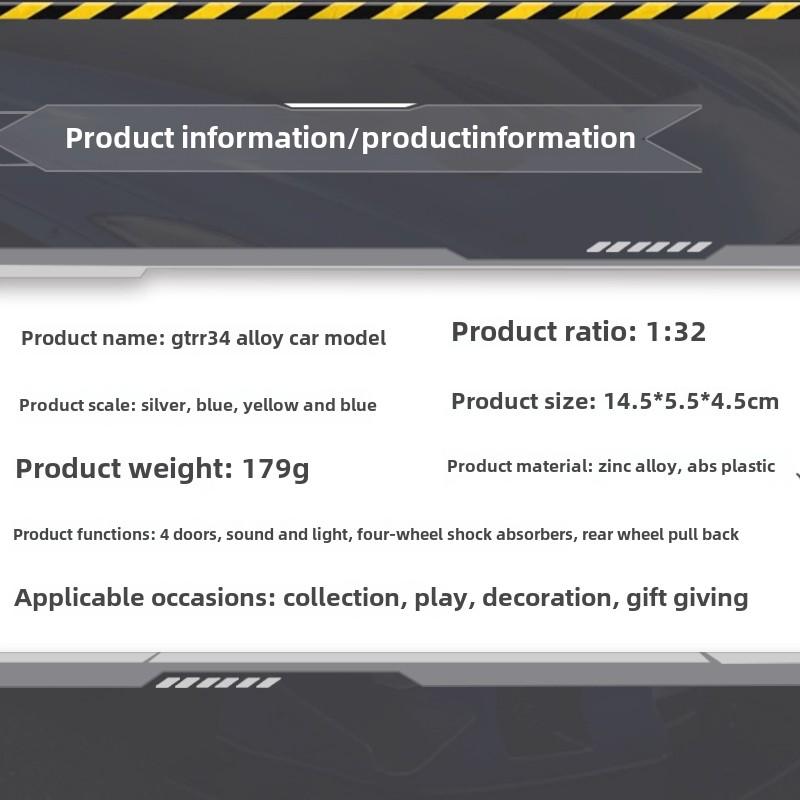 New 1:32 GTR R34 Low Lying Sports Car Alloy Die-cast Toy Car Metal Toy Car Model Sound and Light Pull Back Collection Children's Toy Gift