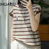 IHUASU женская летняя трикотажная футболка с коротким рукавом и воротником-поло Collision Stripe с вышивкой Tencel, модный свободный топ с коротким рукавом