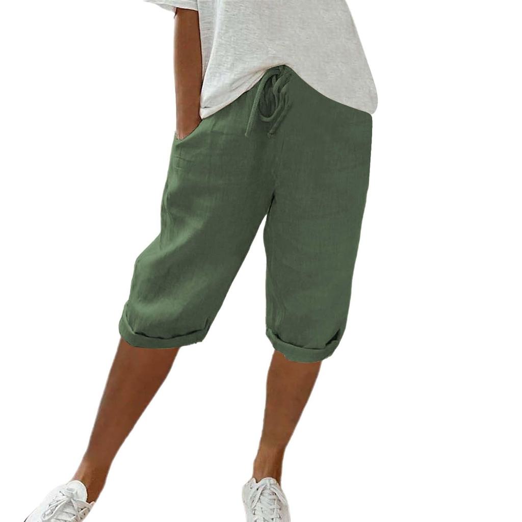 Женские льняные шорты, повседневные шорты с высокой талией, шорты на шнурке с карманами