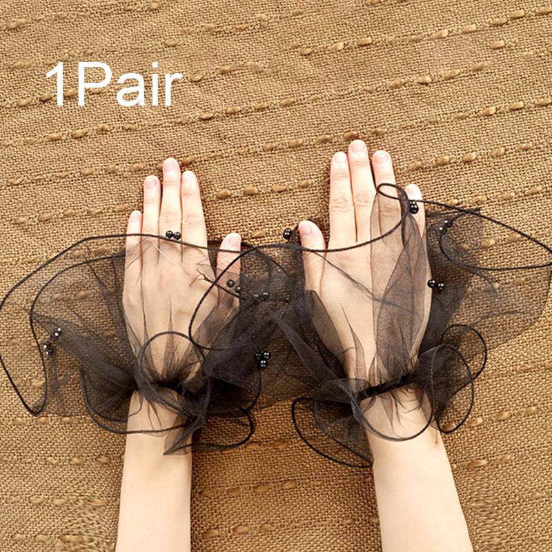 Women Party Tulle Wrist Cuffs Hand Sleeve Flared Lace Pearl Bead Mesh Wedding Fake Sleeves ARI
