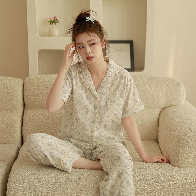 1011 Spring New Product Cotton Double Gauze Small Fresh Blue Rhombus Printed Lapel Lace Short Sleeve Loungewear