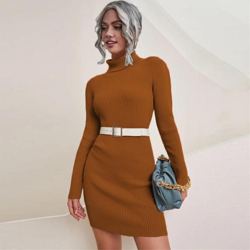 Женская водолазка с длинным рукавом вязать эластичный тонкий свитер Bodycon платье-свитер