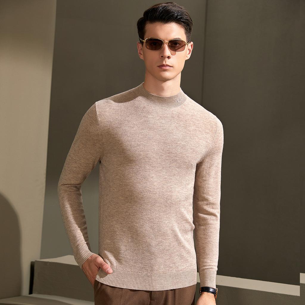 [100% Sheep Wool] Light Luxury Half High Collar Business Men's Woolen Sweater Solid Color Knitted Base Sweater