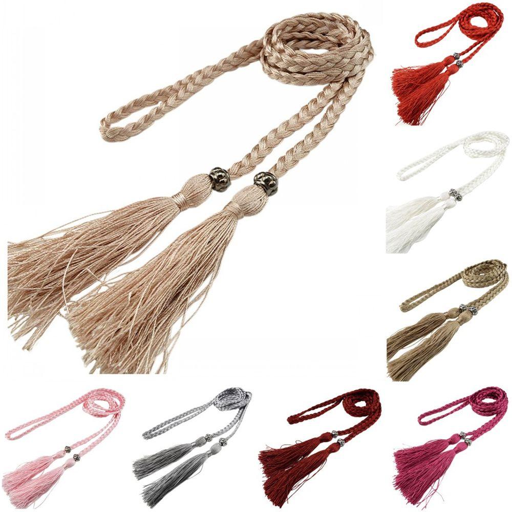 Thin Rope Self-Tie Woven Tassel Belt Bowknot Decorated Waist Women Braided