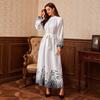 Middle Eastern Print Long Dress with Waistband and Round Neck