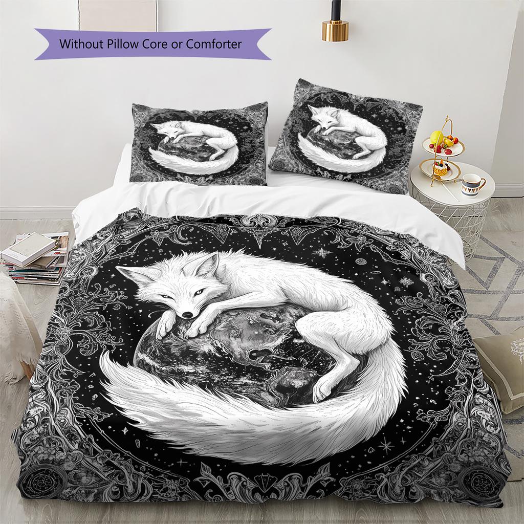 Black and white fox Pattern Bedding Quilt Set Quilt Cover Pillowcase Home Decoration Gift (1 * duvet cover + 2 * pillowcase, without core)