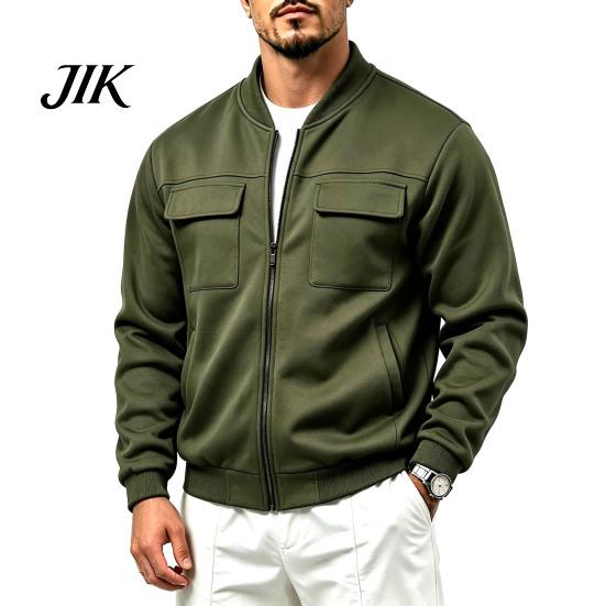 Everyday Basic Sportswear Men Casual Baseball Coat, Lightweight Multi-Pocket Windbreaker, Solid Color Outerwear Outdoor Windbreaker with Stand Collar,