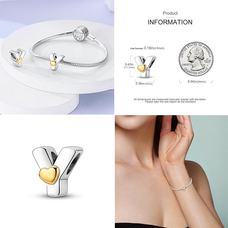 Новый 26 AZ Алфавит Бусина S925 Стерлингового Серебра Сердце ЛЮБОВЬ Письмо Шарм Подходит Оригинальный Браслет CZ Циркон Бисер Ювелирные Изделия