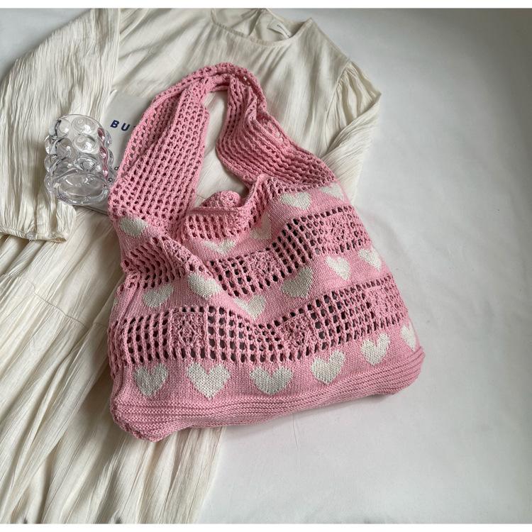 Вязаная сумка-тоут с вырезом в форме сердца для женщин 2024: Сумка большой вместимости, пляжная и для покупок