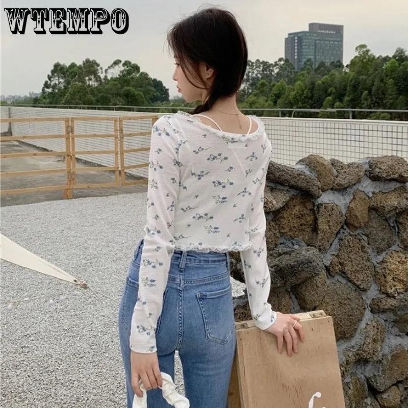 WTEMPO Женские корейские шикарные кардиганы, милые укороченные топы, лоскутные кружевные однобортные топы для девочек, универсальные однобортные топы в стиле ретро