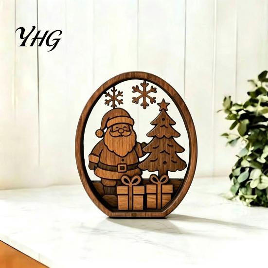 Christmas Mantel Decorations 3Pcs Santa Claus And Tree Ornaments, Wooden Oval Table Tiered Tray Holiday Displays Centerpiece, Solid Wood Desktop