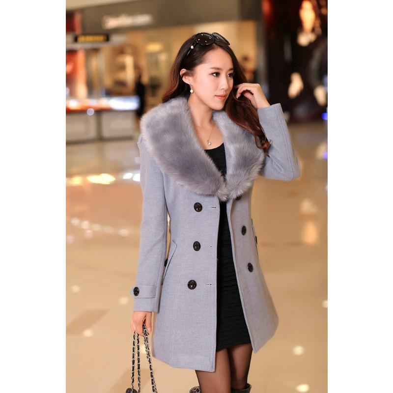 Осенне-зимнее шерстяное женское пальто Корейская версия Двубортное Средней длины и длинное шерстяное пальто Воротник из искусственного меха