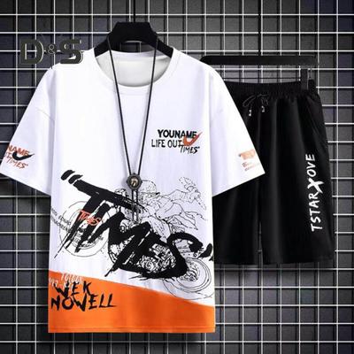 Мужской комплект летней спортивной одежды из 2 шт./компл., футболка с коротким рукавом и эластичным шнурком на талии, широкие шорты, комплект, повседневная одежда с буквенным принтом