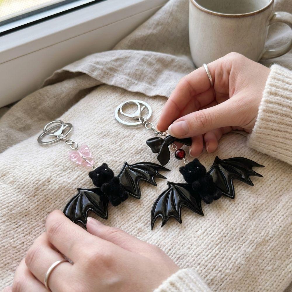 Gothic Style Bow Bat Bear Bag Pendant Soft Touch Halloween Bat Bear Charm Car Keys Decor