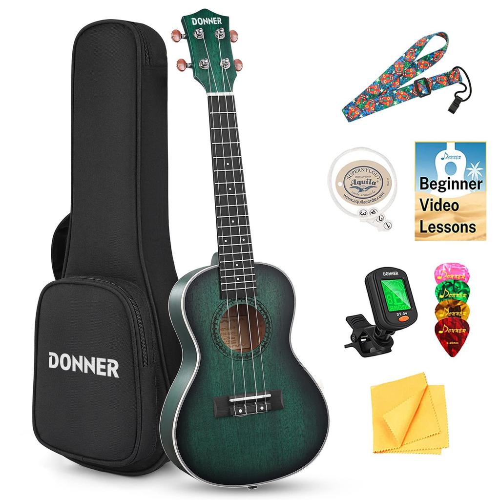 Donner Ukulele Concert Beginner 23 высококачественных полированных аксессуаров, включая мягкий чехол и зеленый набор, дюймы, дерево, отделка, тюнер из 6 предметов,
