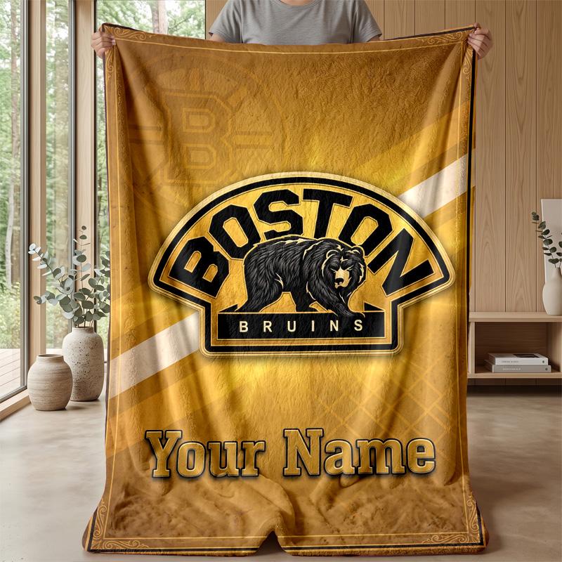 Boston Bruins Custom Flannel Throw Blanket Print Your Name Text Soft Warm Blanket Holiday Present