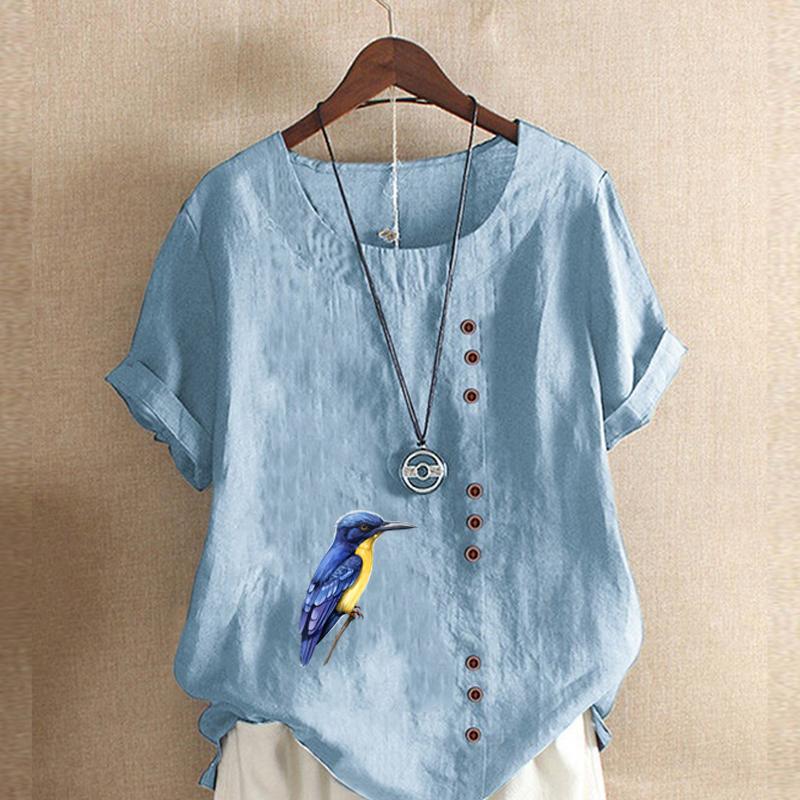 Women's Fashion Bird Prined Round Neck Short Sleeve T-shirt Casual Cotton Linen Graphic Shirt Leisure Loose Summer Blouse Tops