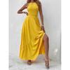 Модное сексуальное вечернее платье без рукавов для женщин, летнее отпускное платье А-силуэта с открытой спиной, повседневные длинные платья для женщин, винтажное нестандартное желтое платье с высокой талией 26205