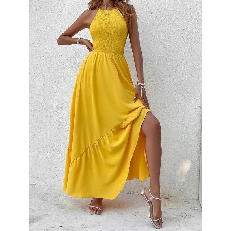 Модное сексуальное вечернее платье без рукавов для женщин, летнее отпускное платье А-силуэта с открытой спиной, повседневные длинные платья для женщин, винтажное нестандартное желтое платье с высокой талией 26205